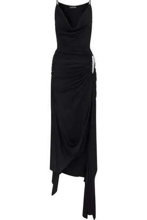 DAVID KOMA Kleedjes, Dames, Zwart, S, Kristallen Klauwdetail Asymmetrische Midi Jurk