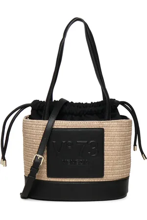 V°73 Tassen, Dames, Zwart, ONE Size, Katoen, Zwarte Stro Mand Tas met Trekkoord