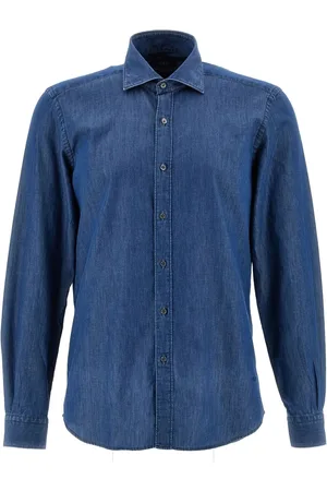FAY Overhemden, Heren, Blauw, L, Denim, Blauw Denim Stone Washed Overhemd