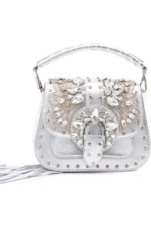 Alma en Pena Tassen, Dames, Grijs, ONE Size, Leer, Schoudertas met Juwelenversiering