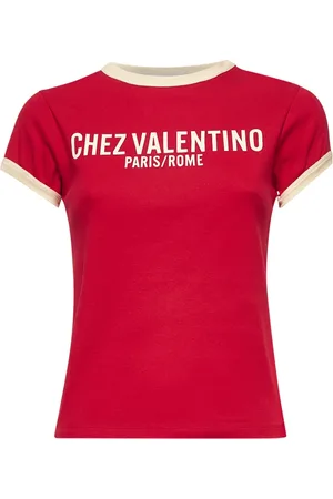 VALENTINO Tops, Dames, Rood, L, Katoen, Contrasterende Crewneck T-shirts en Polos