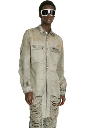 Rick Owens Jassen, Heren, Grijs, M, Denim, Distressed Denim Jas