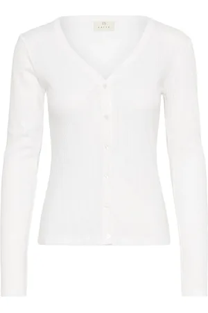 Kaffe Truien, Dames, Wit, M, Katoen, Vrouwelijke Cardigan Pointelle Gebreid Krijt