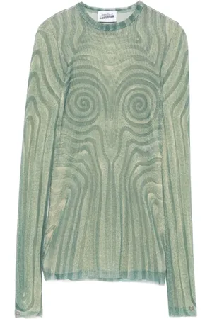 Jean Paul Gaultier Truien, Dames, Groen, M, Groene Crew Neck Sweater Mesh Voering