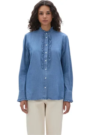 Aspesi Blouses & Shirts, Dames, Blauw, M, Katoen, Blouse met geplooide mandarijnkraag