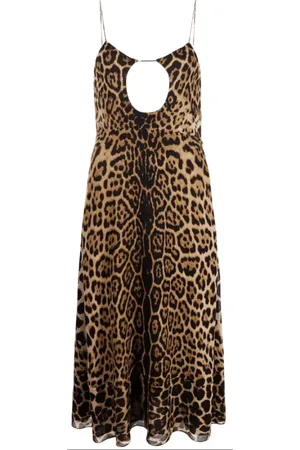 Saint Laurent Kleedjes, Dames, Bruin, M, Wol, Luipaardprint Midi-jurk met Cut-Outs