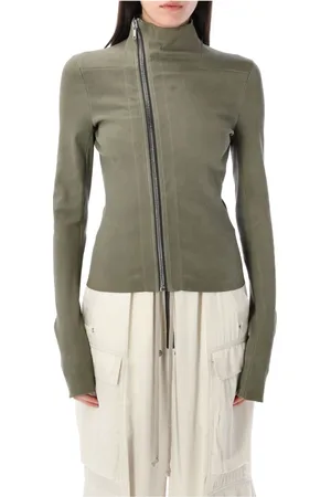 Rick Owens Jassen, Dames, Groen, S, Leer, Celadon Leren Jas met Asymmetrische Rits