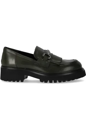 Guglielmo Rotta Schoenen, Dames, Groen, 37 EU, Leer, Militaire Groene Loafer met Franjes en Gesp