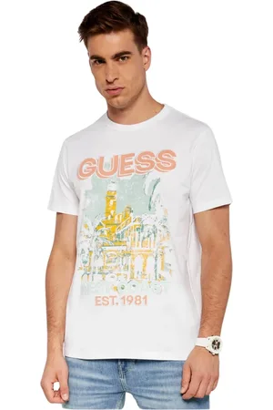 Guess Tops, Heren, Wit, M, Katoen, Geprint T-shirt van katoen