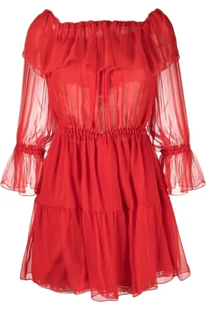 Gucci Kleedjes, Dames, Rood, S, Chiffon, Roosrode Off-Shoulder Zijden Jurk