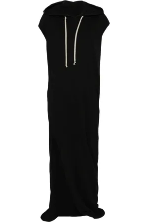 Rick Owens Kleedjes, Dames, Zwart, S, Katoen, Jurk met capuchon en splitdetails