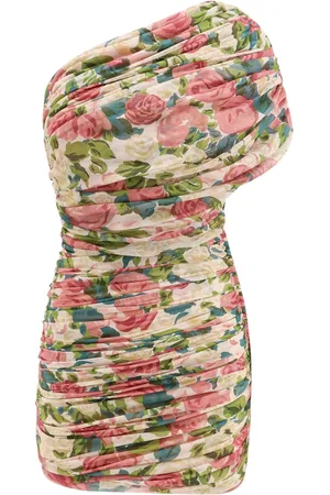 Saint Laurent Kleedjes, Dames, Veelkleurig, S, Tule, Jurk met bloemenprint van tule met gedrapeerde one-shoulder