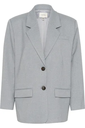 Gestuz Jassen, Dames, Grijs, M, Polyester, Oversized Blazer Grijsblauw Melange