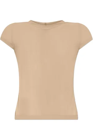 Rick Owens Tops, Dames, , XS, Leer, T-shirt met ronde hals en korte, transparante mouwen