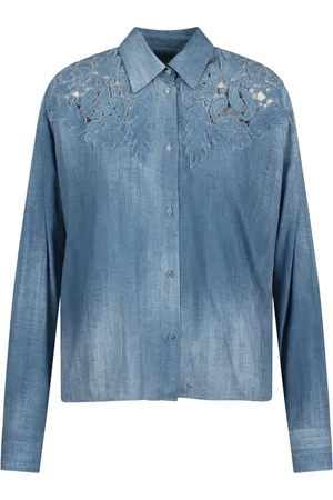 ERMANNO SCERVINO Blouses & Shirts, Dames, Blauw, S, Polyester, Bloemenapplicatie shirt knoopsluiting