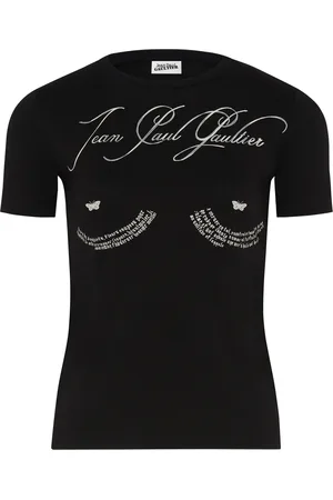 Jean Paul Gaultier Tops, Dames, Zwart, L, Katoen, Zwarte Tattoo Poem T-shirt Slim Fit