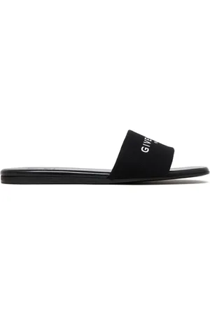 Givenchy Schoenen, Dames, Zwart, 37 1/2 EU, Leer, Canvas Slide Sandalen met Logo