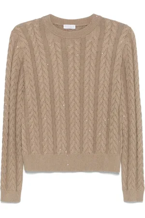 Brunello Cucinelli Truien, Dames, Bruin, M, Pailletten, Taupe Bruin Paillet Crew Neck Sweater
