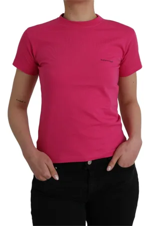 Balenciaga Tops, Dames, Roze, S, Katoen, Katoenen T-shirt met Ronde Hals en Korte Mouwen