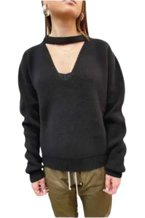 Rick Owens Truien, Dames, Zwart, L, Wol, V-Neck Band Trui