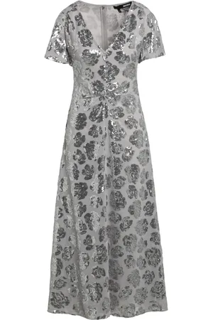 ROTATE Kleedjes, Dames, Grijs, S, Chiffon, Lichtgrijze Chiffon Midi Jurk Met Pailletten