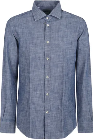 ELEVENTY Overhemden, Heren, Blauw, L, Denim, Klassieke Franse Kraag Denim Overhemd