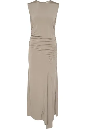 Gestuz Kleedjes, Dames, Grijs, S, Asymmetrische Lange Jurk met Gerimpelde Taille