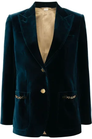Gucci Jassen, Dames, Blauw, M, Katoen, Blauwe Velours Blazer met Piekrevers