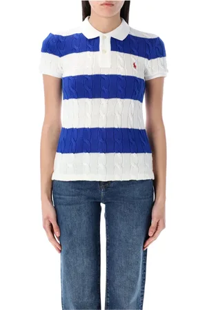 Ralph Lauren Truien, Dames, Blauw, L, Katoen, Polo Shirt met Kabelpatroon en Strepen