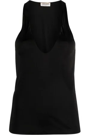 Saint Laurent Tops, Dames, Zwart, S, Zwarte Semi-Transparante Jersey U-Hals Top in Zwart