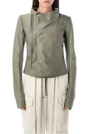 Rick Owens Jassen, Dames, Groen, M, Leer, Celadon Low Neck Biker