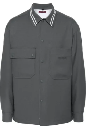 Gucci Jassen, Heren, Grijs, L, Katoen, Logo Patch Shirt Jacket