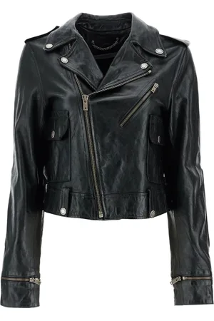 Golden Goose Jassen, Dames, Zwart, S, Leer, Glanzend Zwart Lamsleren Bikerjack
