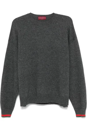 Gucci Truien, Dames, Grijs, S, Wol, Grijze wollen kasjmier trui met web-streep detail