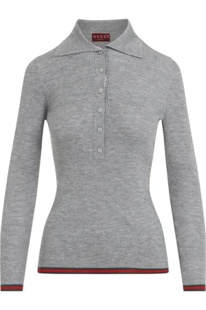 Gucci Truien, Dames, Grijs, S, Cashmere en Zijde Polo Top met Web