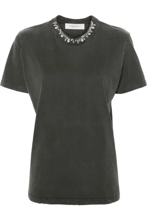 Golden Goose Tops, Dames, Grijs, M, Katoen, Grijze T-shirts en Polo`s met Kristallen Versiering