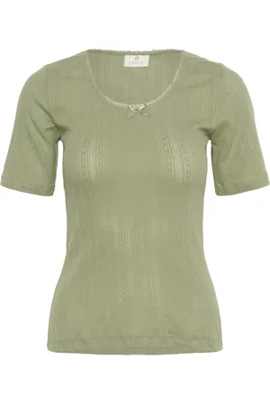 Kaffe Blouses & Shirts, Dames, Groen, XS, Katoen, Groene Pointelle T-Shirt Top
