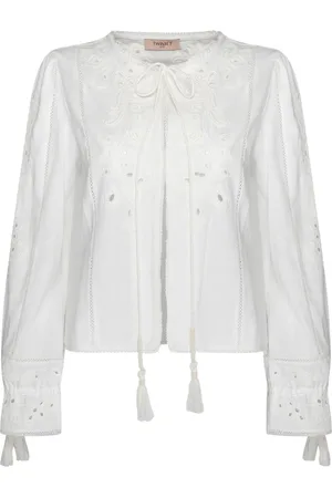 Twin-Set Blouses & Shirts, Dames, Wit, M, Katoen, Witte Katoenen Linnen Shirt met Pintuck Borduurwerk