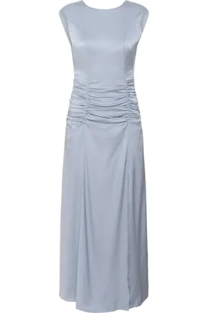 Gestuz Kleedjes, Dames, Blauw, M, Maxi Jurk met V-Hals en Gerimpelde Taille