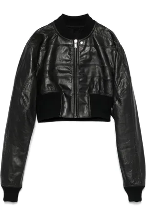 Rick Owens Jassen, Dames, Zwart, S, Leer, Zwarte zwarte baseballjas met ritssluiting