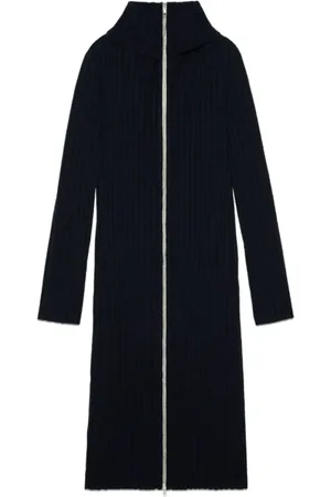 Gucci Kleedjes, Dames, Blauw, M, Wol, Marineblauwe Geribbelde Gebreide Jurk