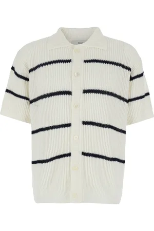 DUNST Truien, Heren, Wit, L, Linnen, Gestreept gebreid poloshirt in het wit