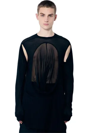 Rick Owens Tops, Heren, Zwart, L, Katoen, Panel Katoenen T-Shirt met Ronde Hals en Lange Mouwen