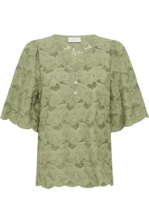Kaffe Blouses & Shirts, Dames, Groen, 3Xl, Katoen, Elegante Blouse met Borduurwerk Oil