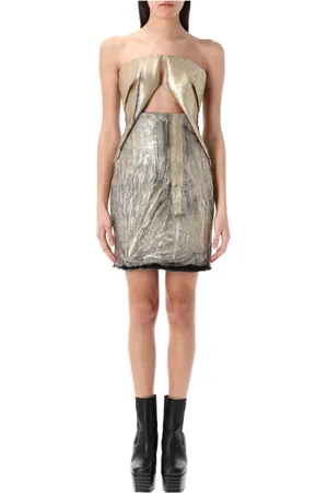 Rick Owens Kleedjes, Dames, Geel, S, Katoen, Gouden Prong Mini Jurk met Geometrische Uitsparingen