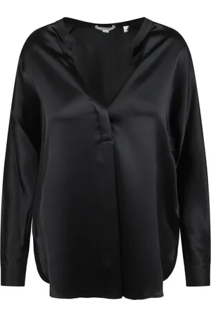 Vince Blouses & Shirts, Dames, Zwart, S, Elegante V-hals blouse met opstaande kraag