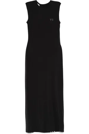 Y-3 Kleedjes, Dames, Zwart, S, Zwarte Jurk met Logo Print en Cape-inzet