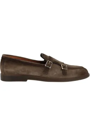 santoni Schoenen, Heren, Bruin, 43 EU, Leer, Metalen Gesp Leren Loafers met Blokhak