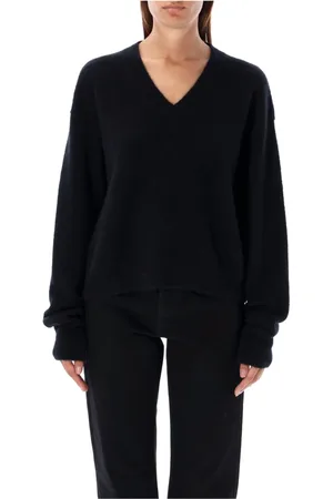 Rick Owens Truien, Dames, Zwart, M, Nylon, Zwarte V-hals Gebreide Trui Sweater Aw 24