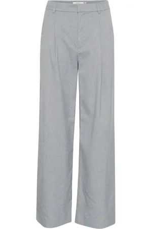 Gestuz Broeken, Dames, Grijs, S, Wijde Pijp Melange Broek Grijsblauw